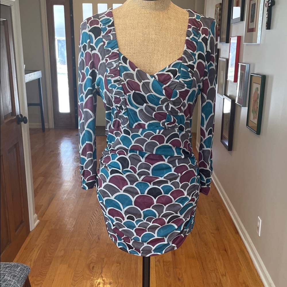 Scallop Print Ruched 3/4 Length Sleeve Top - Teal, Plum, Gray